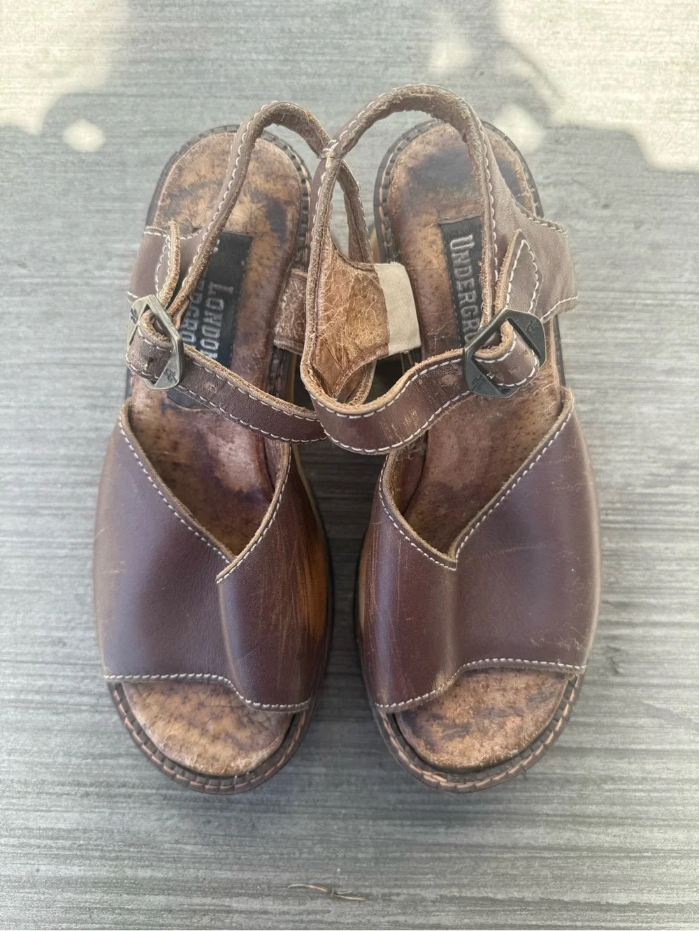 VTG 90s London Underground Brown Leather Strappy Platform Sandal Wood Sole Sz 8